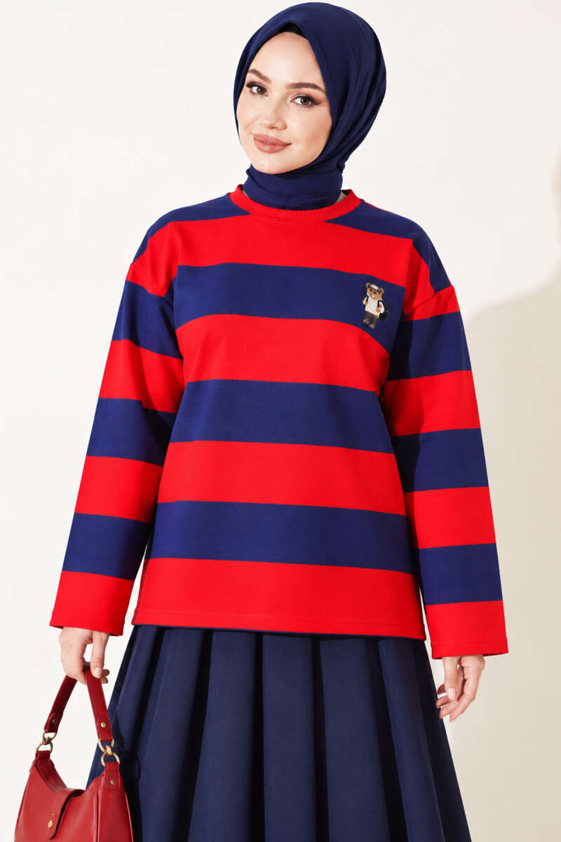 Striped Tunic with Teddy Print - Red