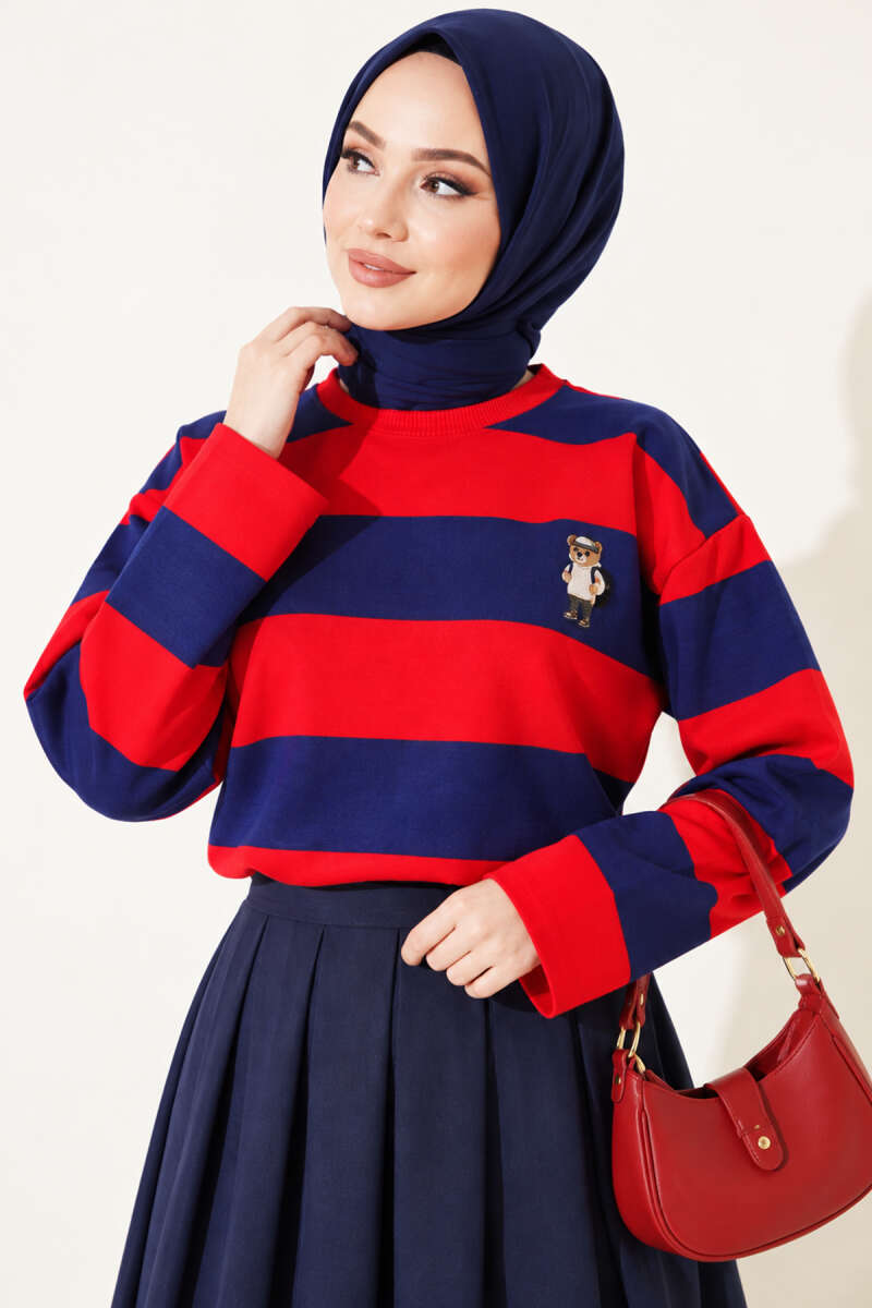 Striped Tunic with Teddy Print - Red