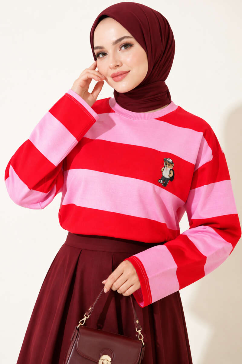Striped Tunic with Teddy Print - Pink