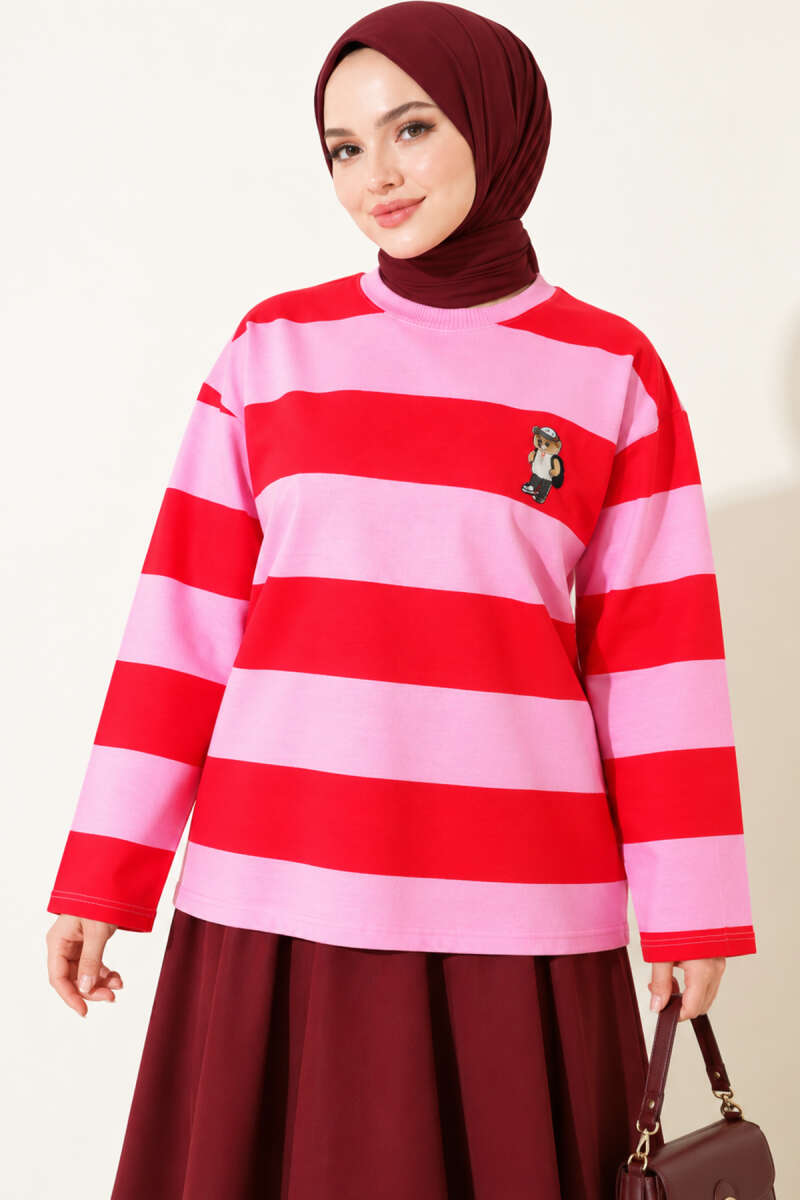 Striped Tunic with Teddy Print - Pink