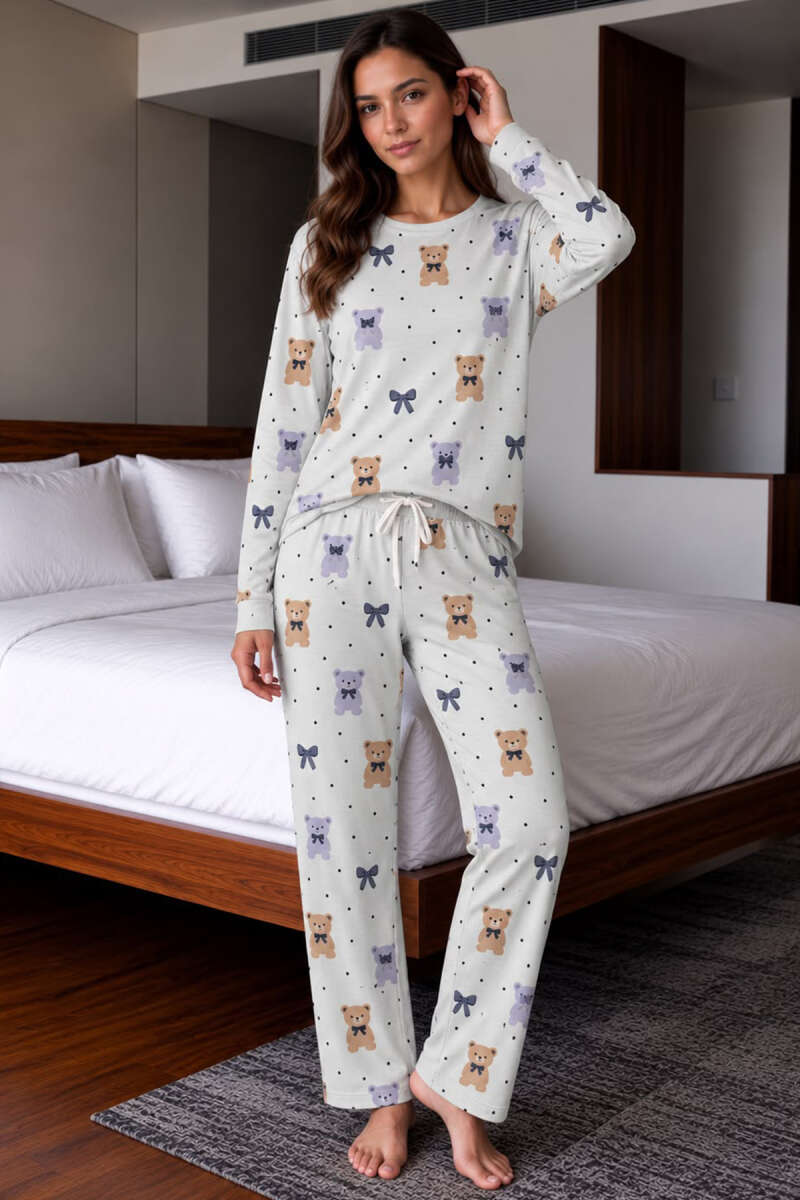 Teddy Pattern Tie Pyjama Set - Multicolour 1
