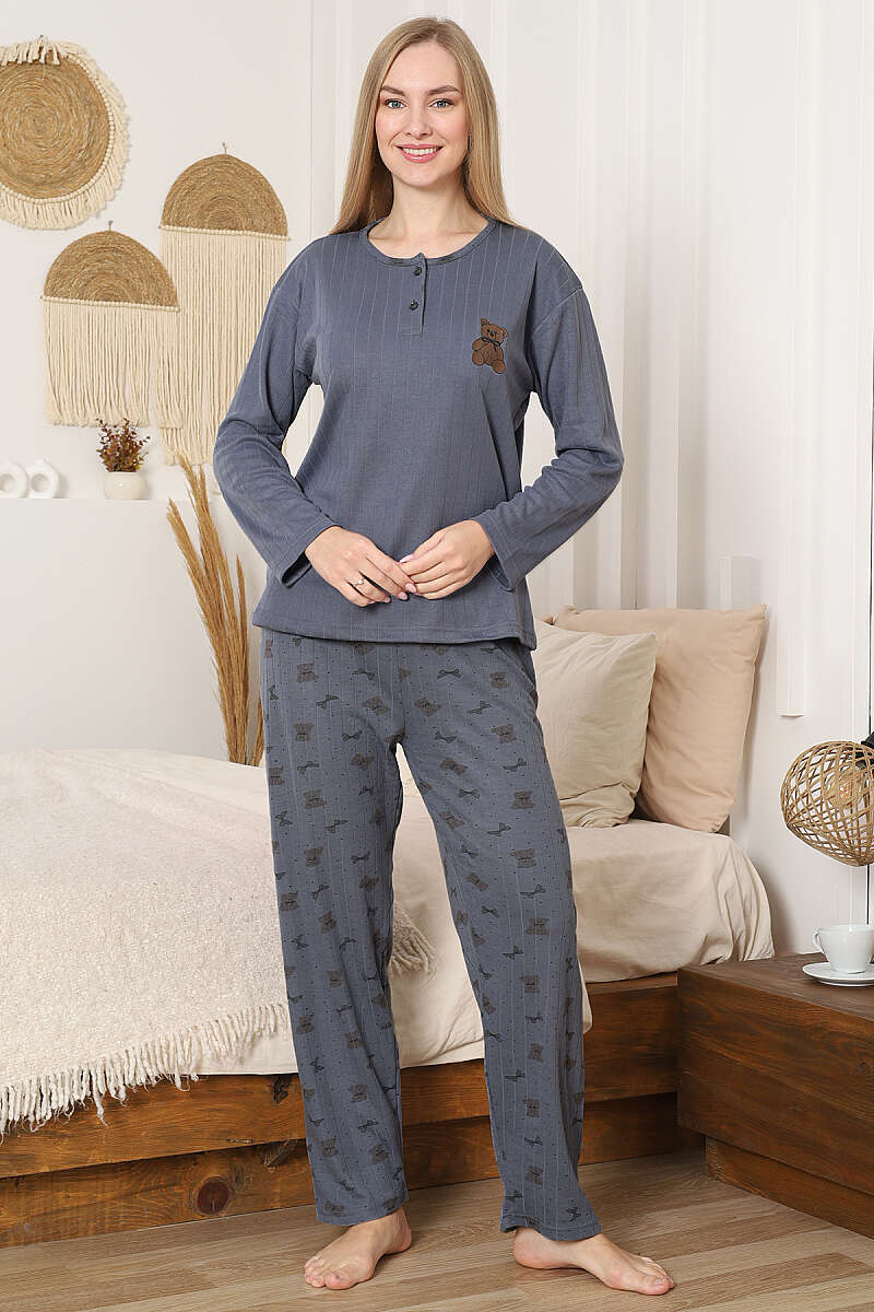 Ribbed Long-Sleeve Pyjama Set with Teddy Embroidery - Slate Grey