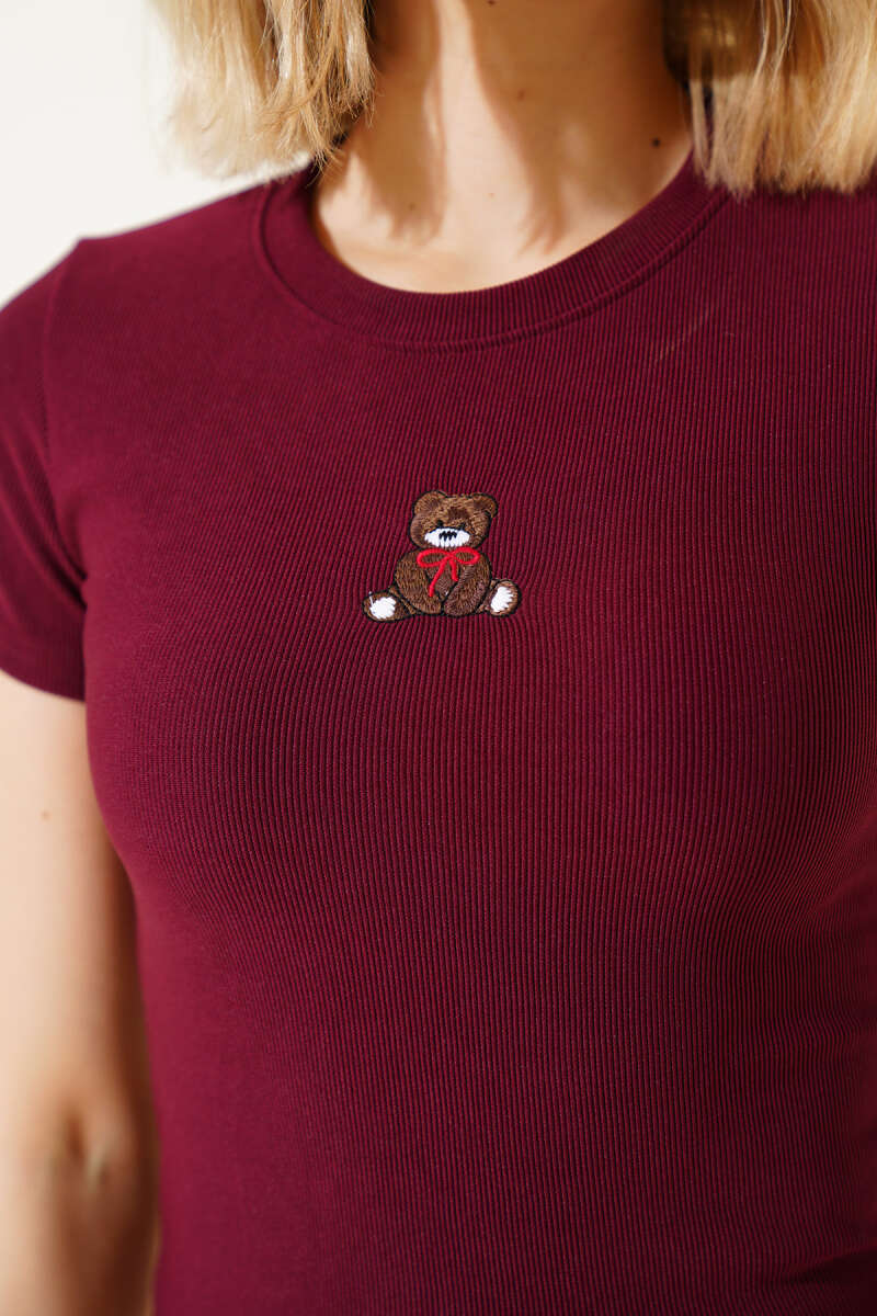 Short-Sleeve Teddy Embroidered Crop Top - Burgundy