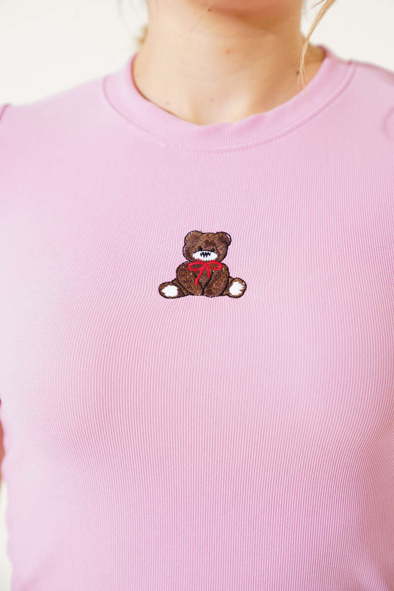 Short-Sleeve Teddy Embroidered Crop Top - Pink