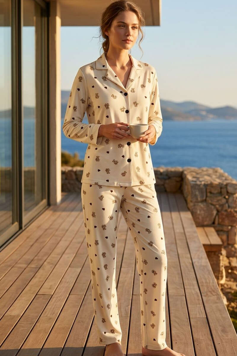 Teddy Embroidered Wrap-Collar Pyjama Set - Beige