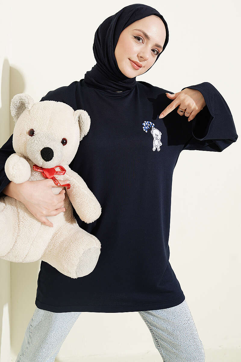 Teddy Embroidered Loycha Tunic - Navy
