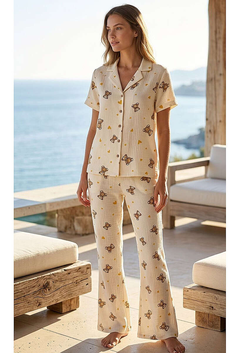 Teddy Bear Muslin Short-Sleeve Shirt Pyjama Set - Beige