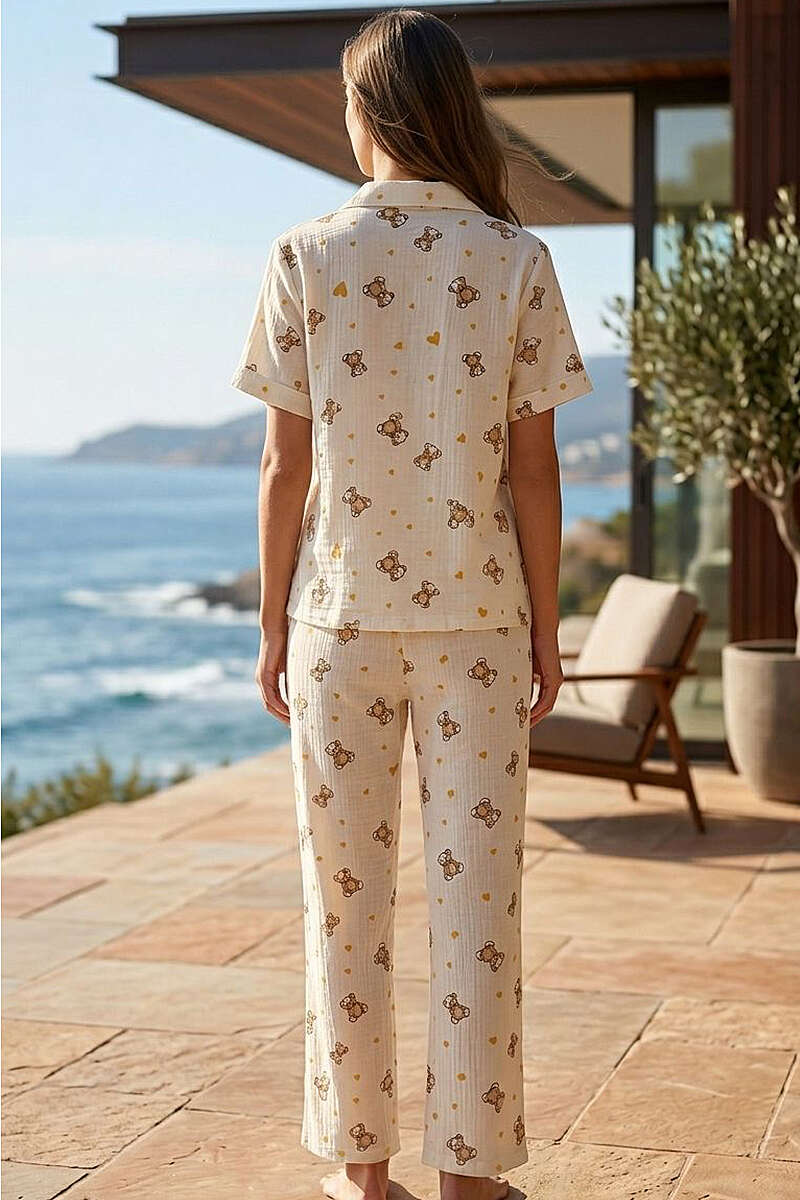Teddy Bear Muslin Short-Sleeve Shirt Pyjama Set - Beige