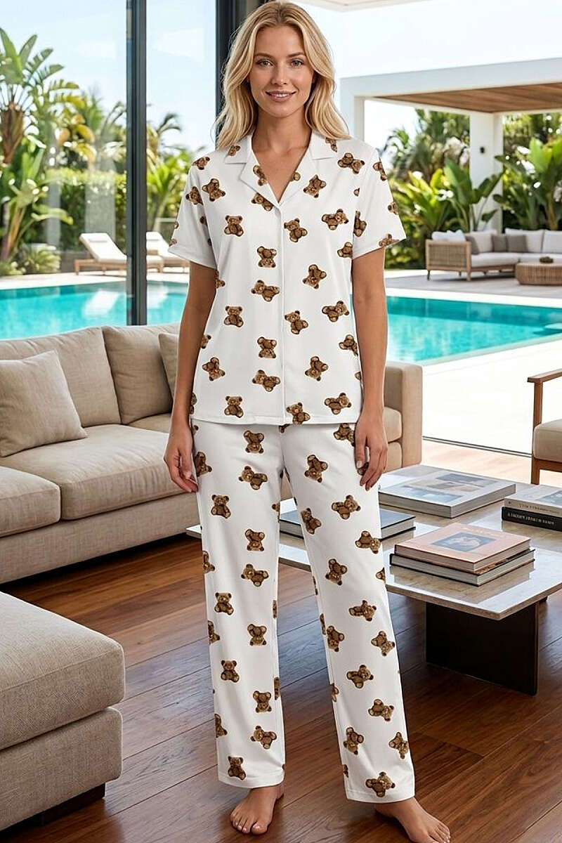 Teddy Bear Short-Sleeve Pyjama Set with Pearl Buttons - White
