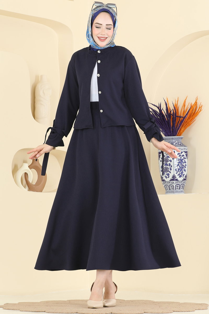 Double Knit Two-Piece Set with Ties - Navy