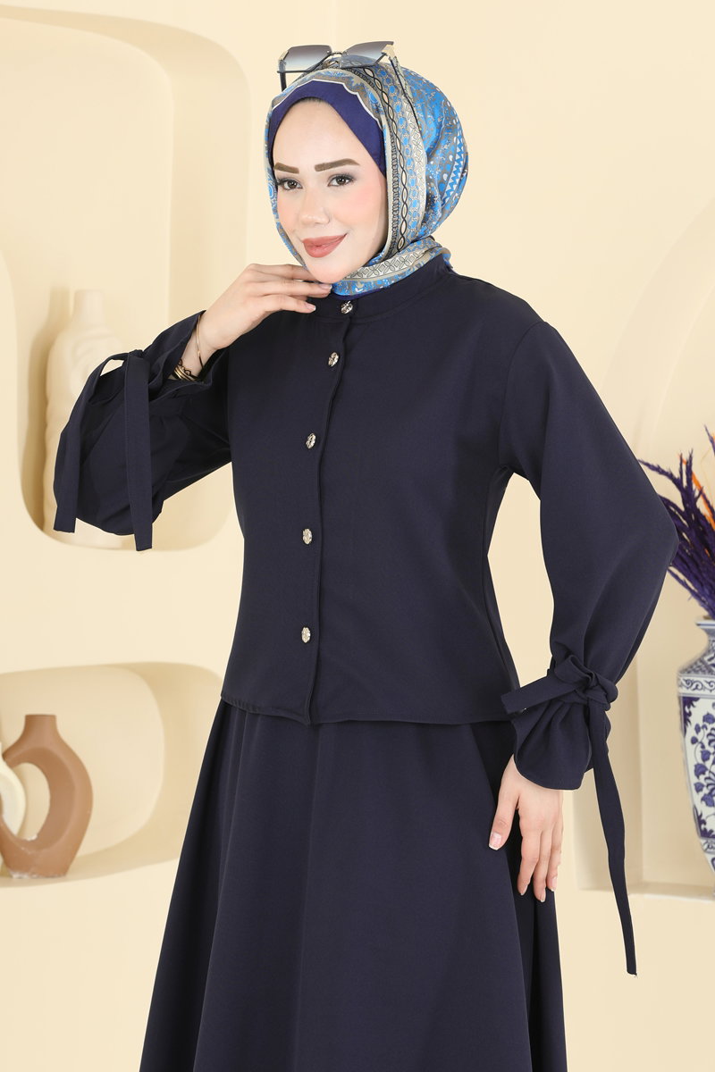 Double Knit Two-Piece Set with Ties - Navy
