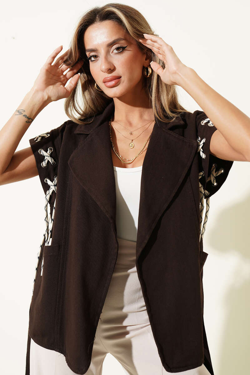 Two-Pocket Vest with Tie Detail - Brown