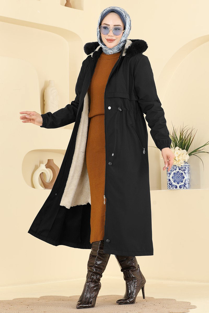 Fur-Lined Coat with Tie Detail - Black