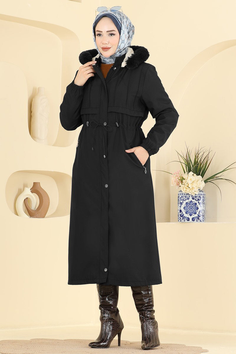 Fur-Lined Coat with Tie Detail - Black