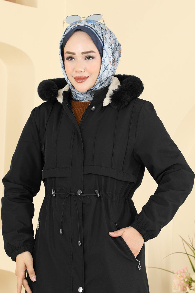 Fur-Lined Coat with Tie Detail - Black