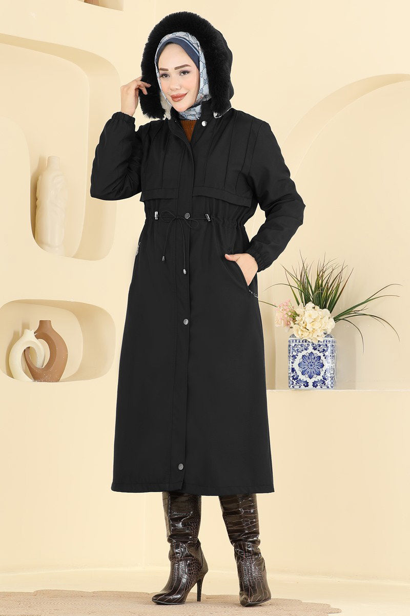 Fur-Lined Coat with Tie Detail - Black