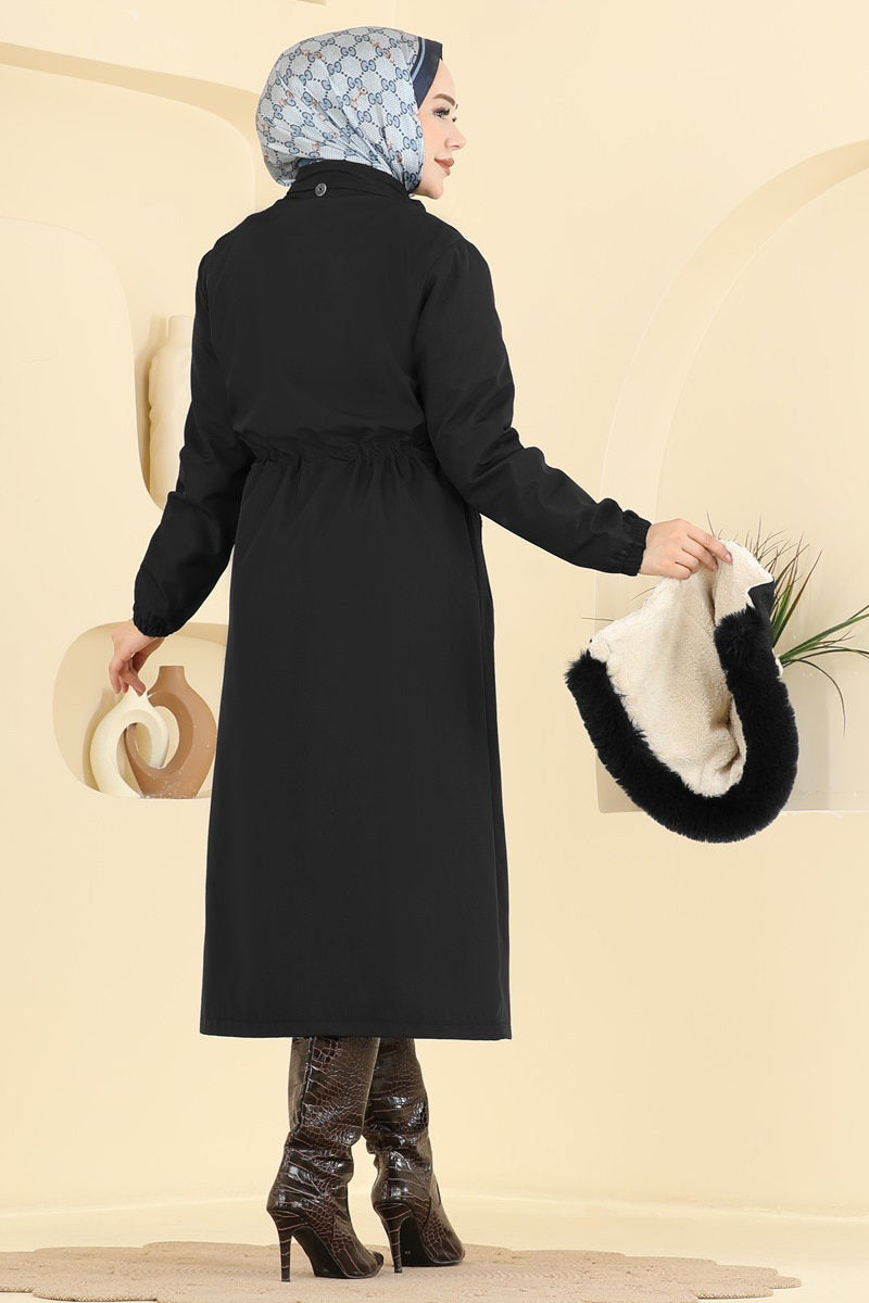 Fur-Lined Coat with Tie Detail - Black