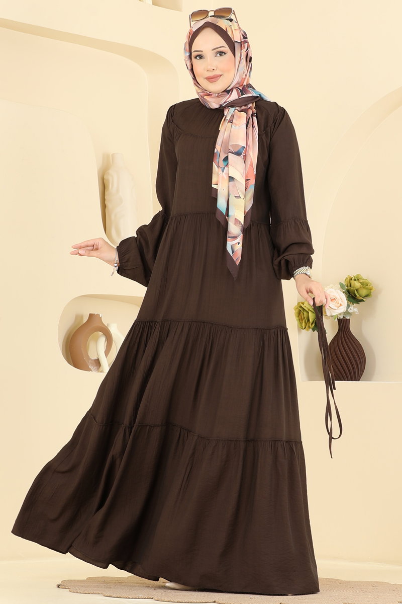 Tiered Woven Dress with Ties - Dark Brown