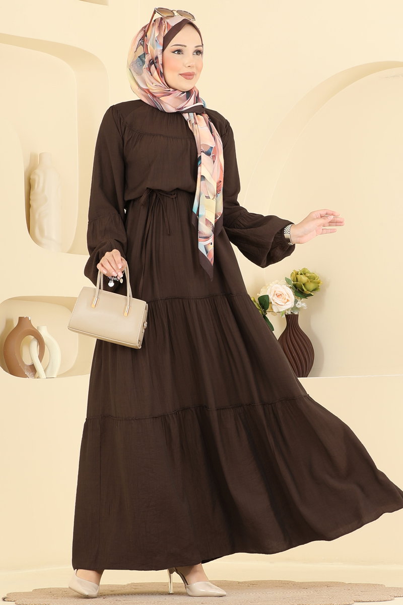 Tiered Woven Dress with Ties - Dark Brown