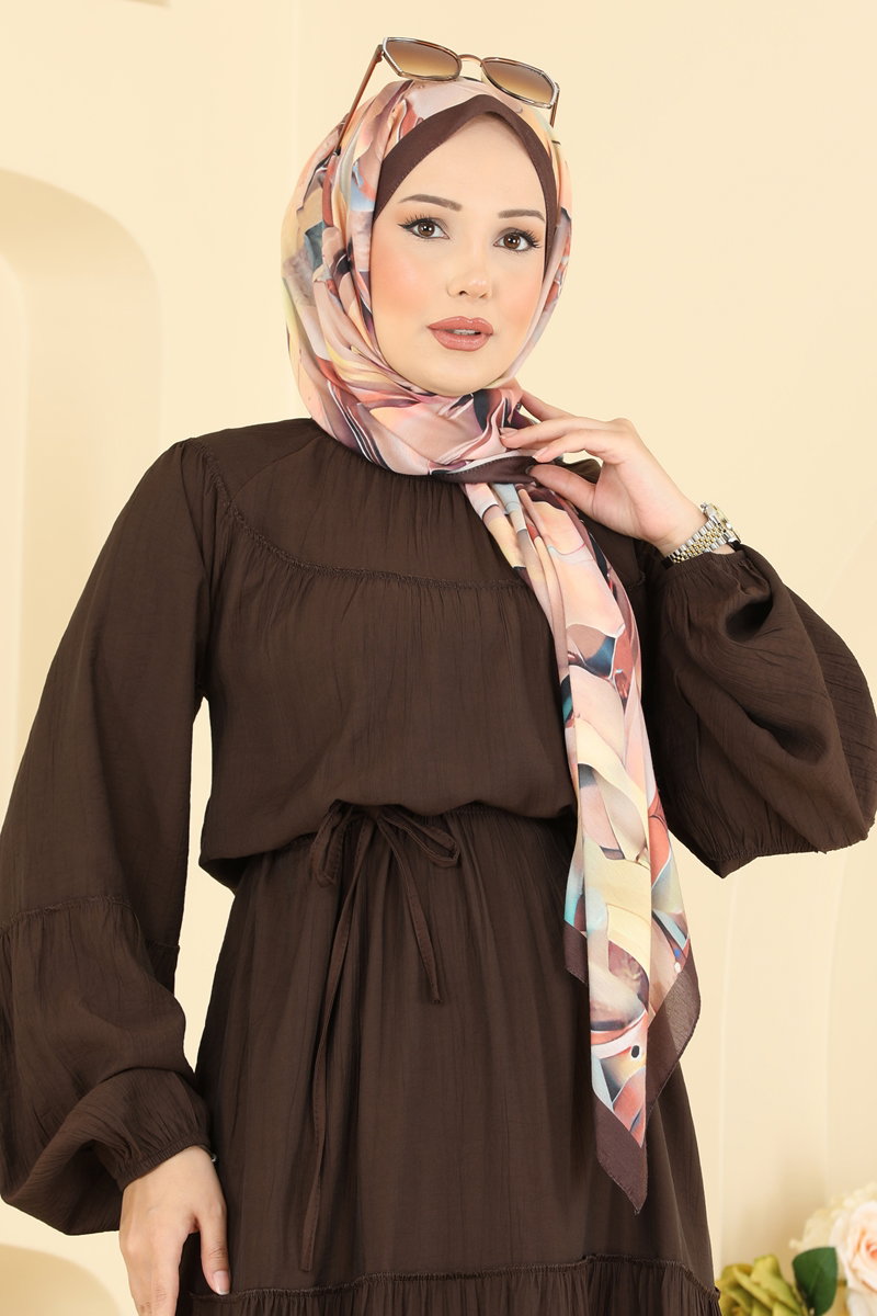Tiered Woven Dress with Ties - Dark Brown