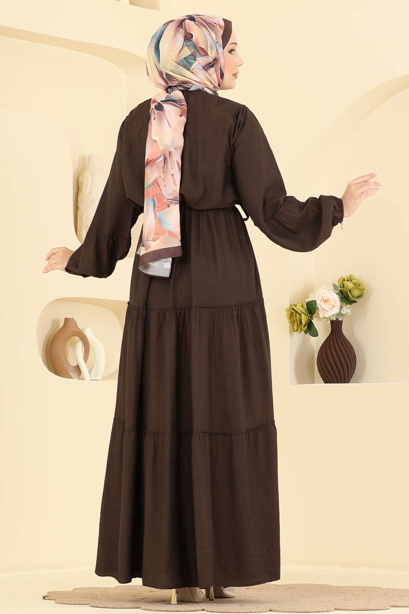 Tiered Woven Dress with Ties - Dark Brown