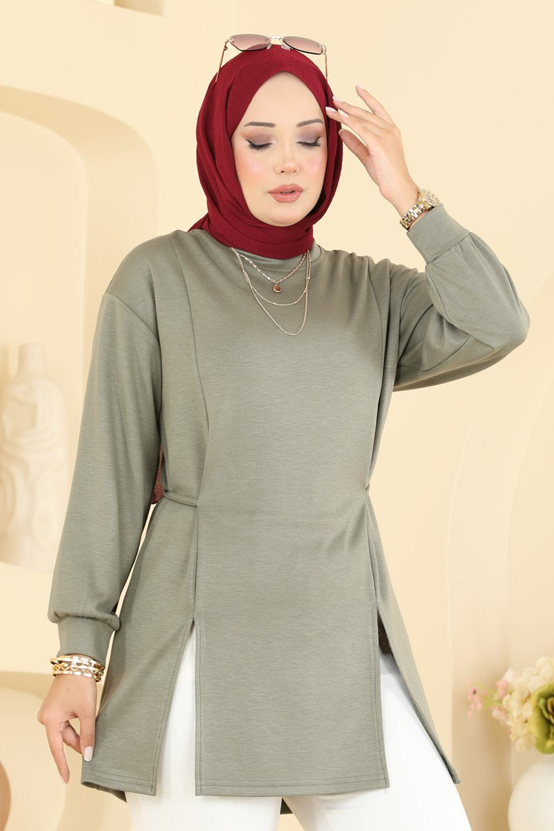 Modal Tunic with Tie Detail - Almond Green