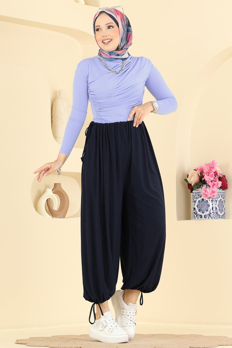 Harem Trousers with Tie Detail - Dark Navy