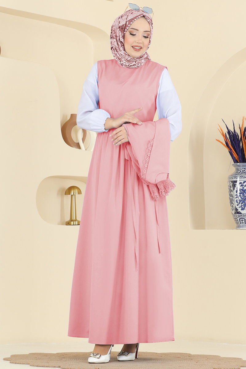 Poplin Dress Set with Lace and Tie - Powder