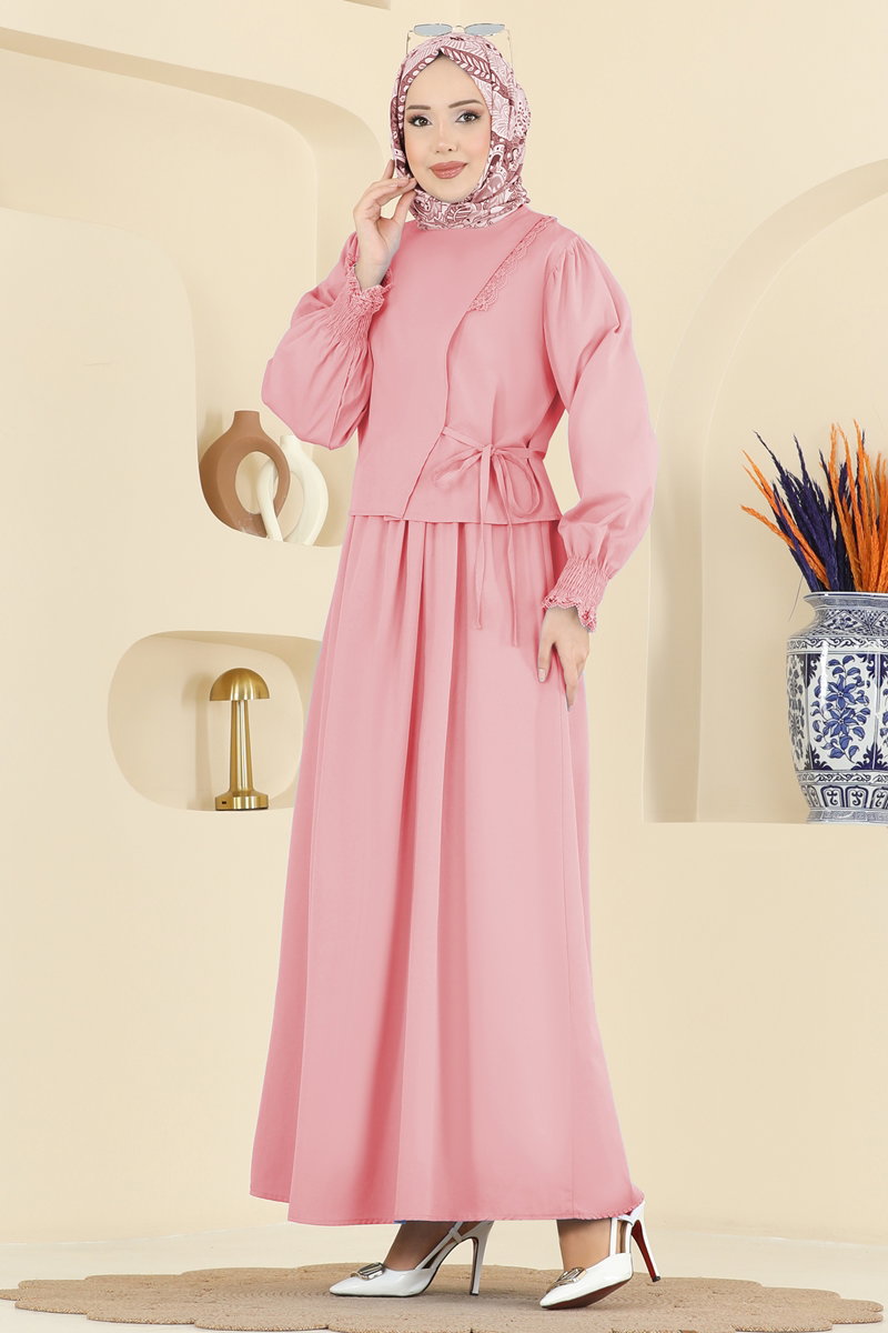 Poplin Dress Set with Lace and Tie - Powder
