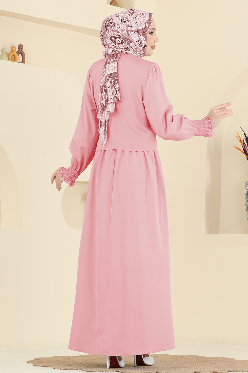 Poplin Dress Set with Lace and Tie - Powder