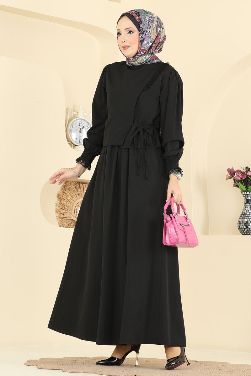 Poplin Dress Set with Lace and Tie - Black