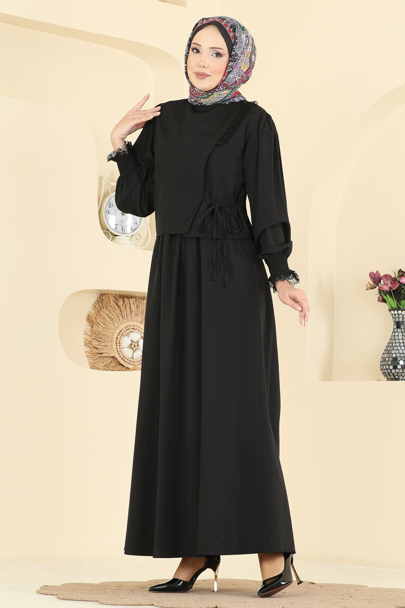 Poplin Dress Set with Lace and Tie - Black