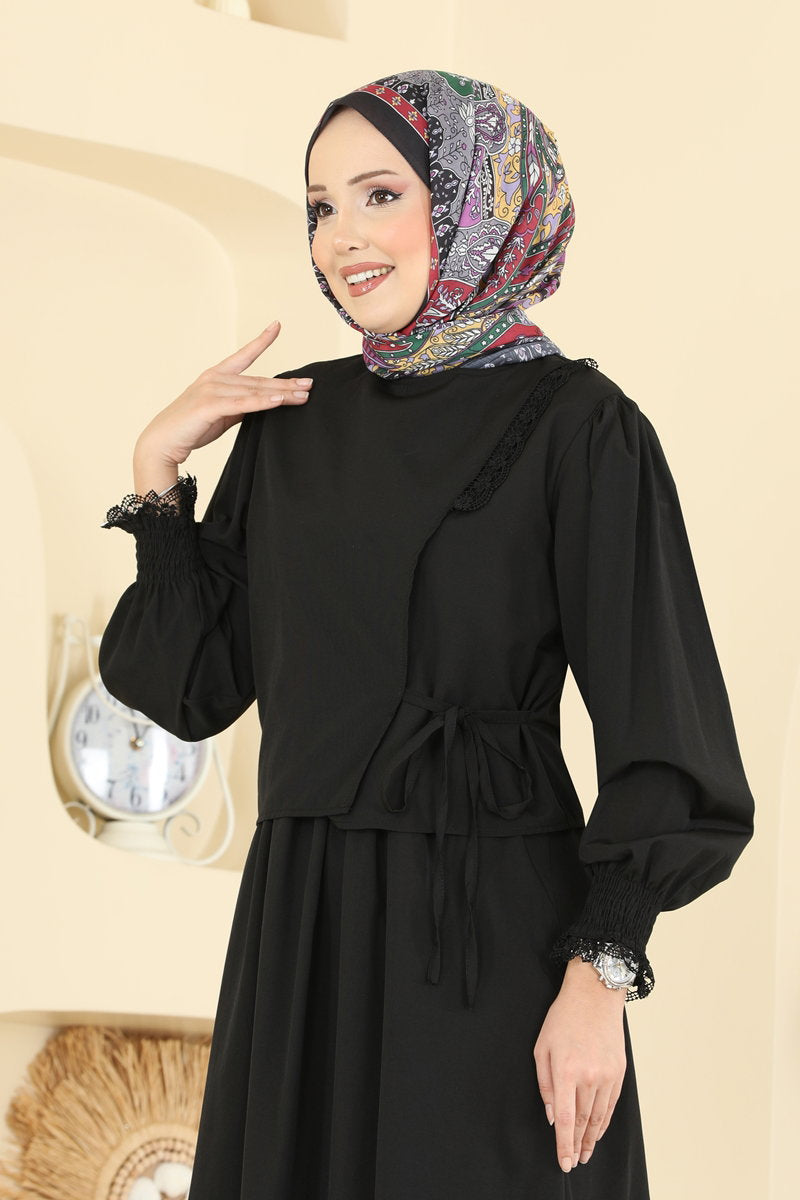 Poplin Dress Set with Lace and Tie - Black