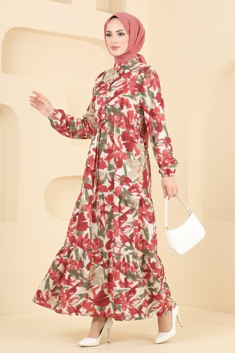 Modal Button Dress with Tie - Burgundy