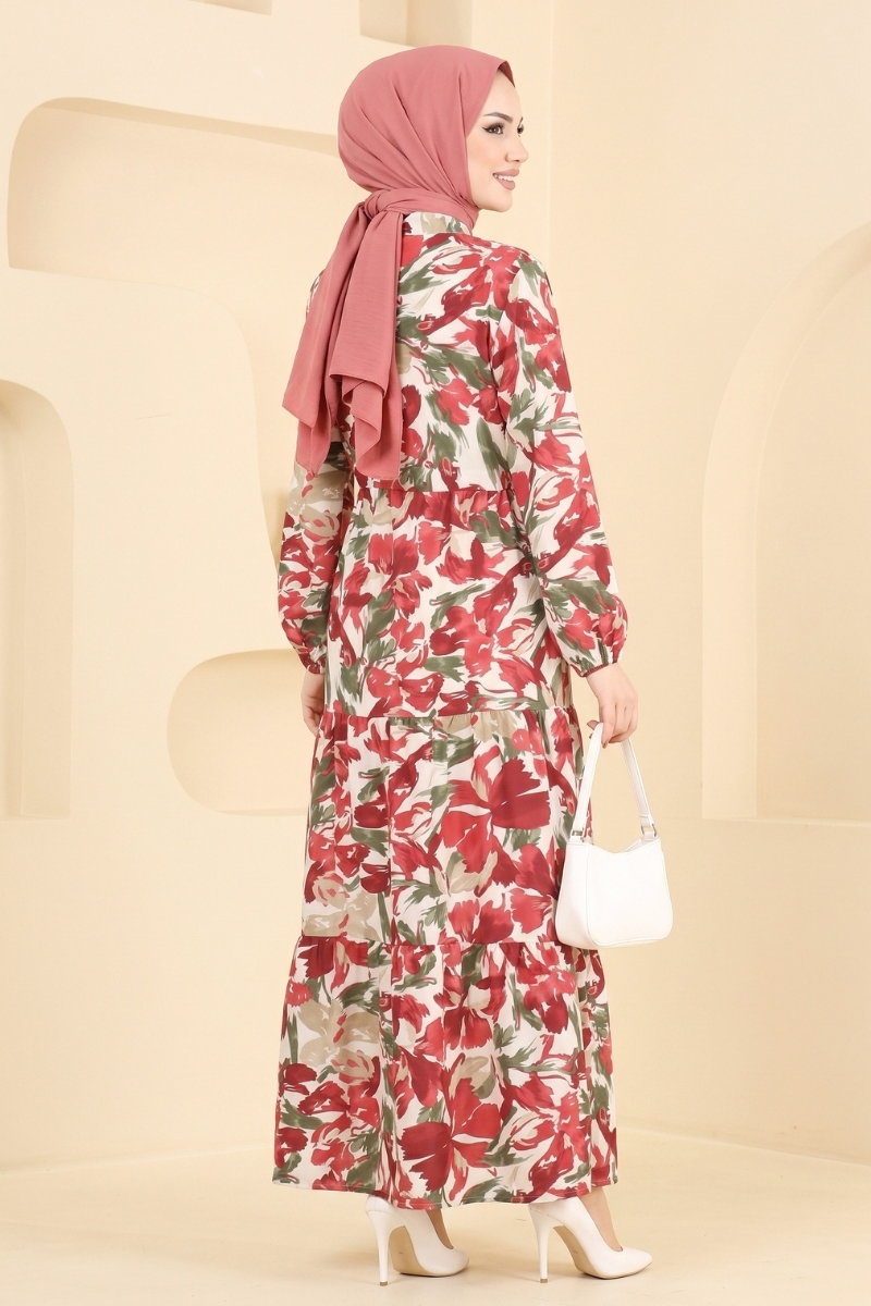 Modal Button Dress with Tie - Burgundy