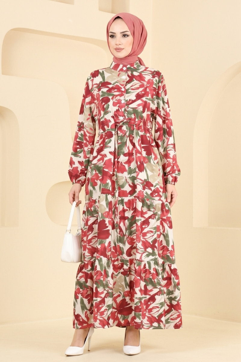 Modal Button Dress with Tie - Burgundy