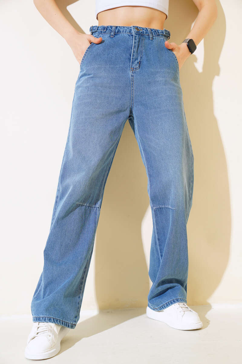 Baggy Jeans with Side Buckles - Mid Blue