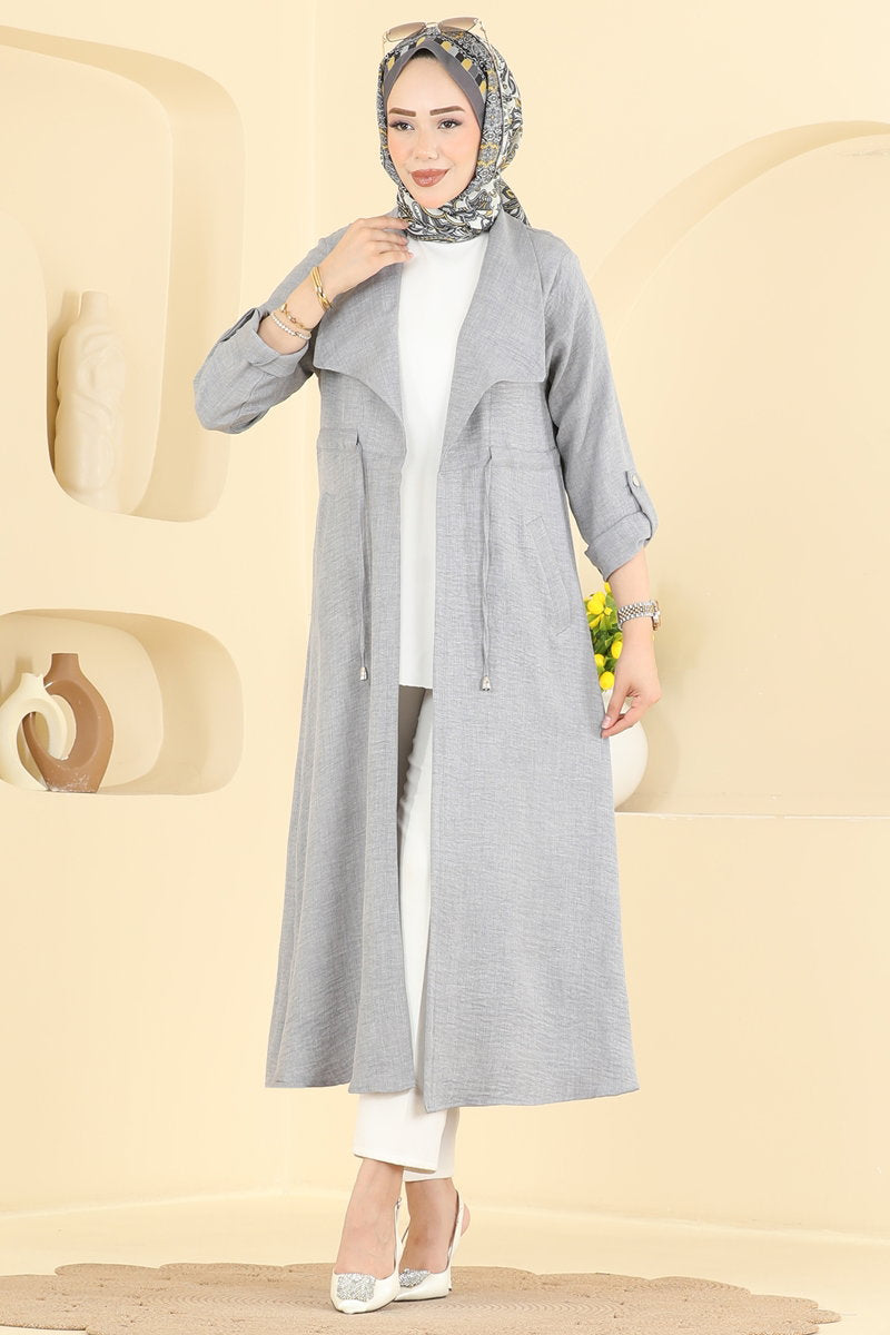 Linen Cape Coat with Tie and Pockets - Grey