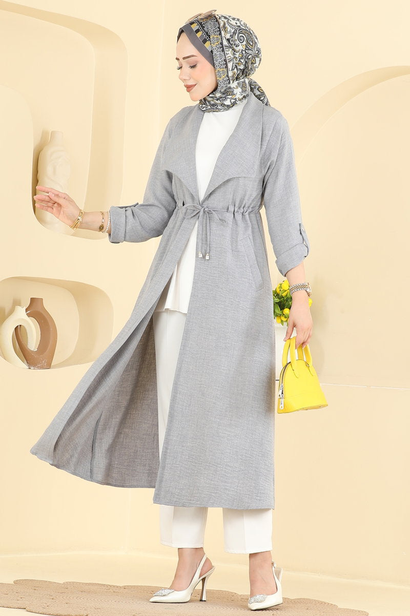 Linen Cape Coat with Tie and Pockets - Grey