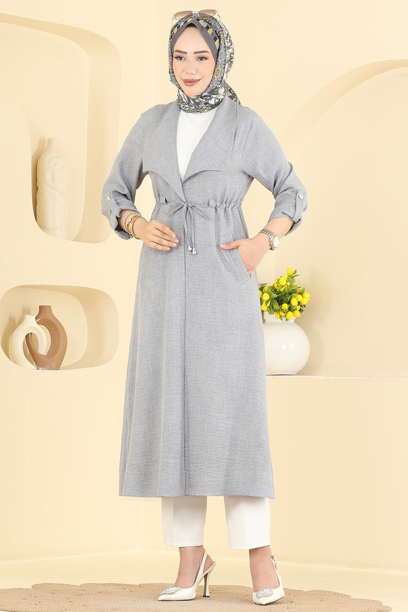 Linen Cape Coat with Tie and Pockets - Grey