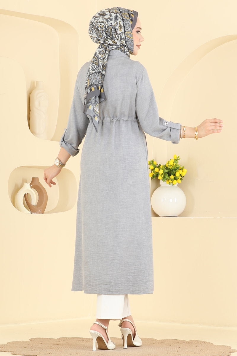Linen Cape Coat with Tie and Pockets - Grey