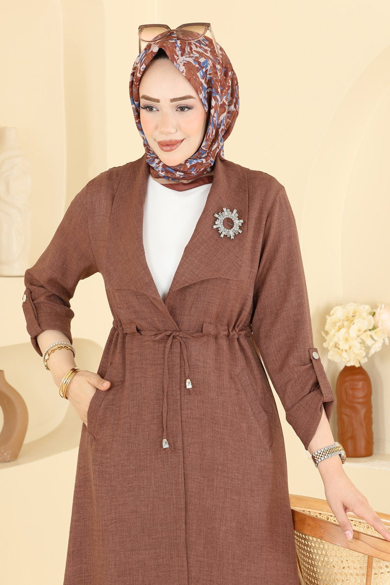 Linen Cape Coat with Tie and Pockets - Brown