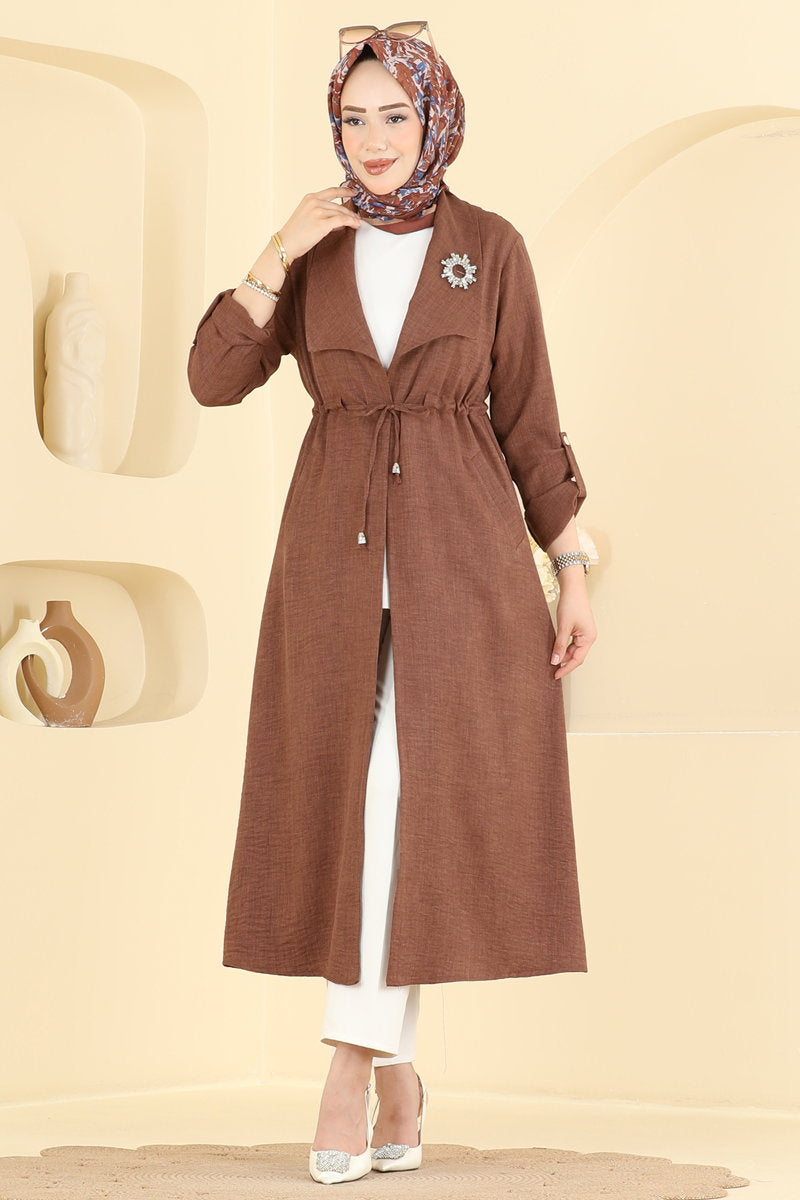 Linen Cape Coat with Tie and Pockets - Brown