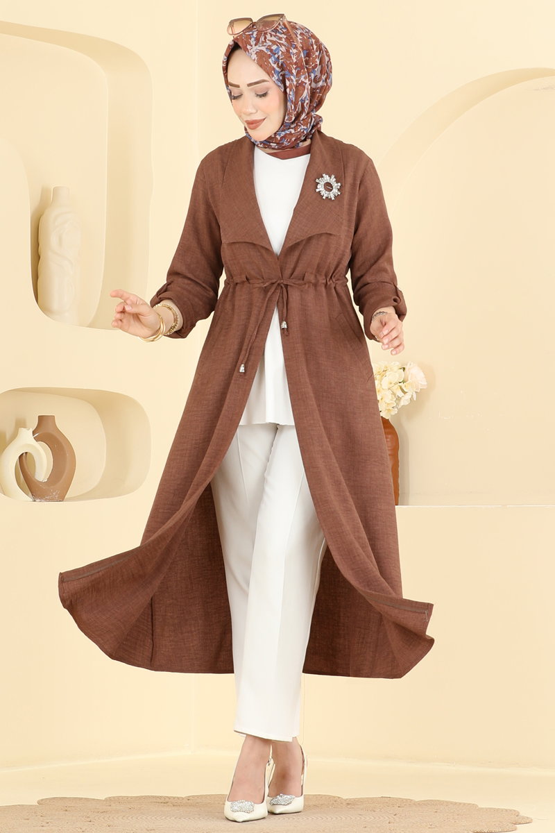 Linen Cape Coat with Tie and Pockets - Brown