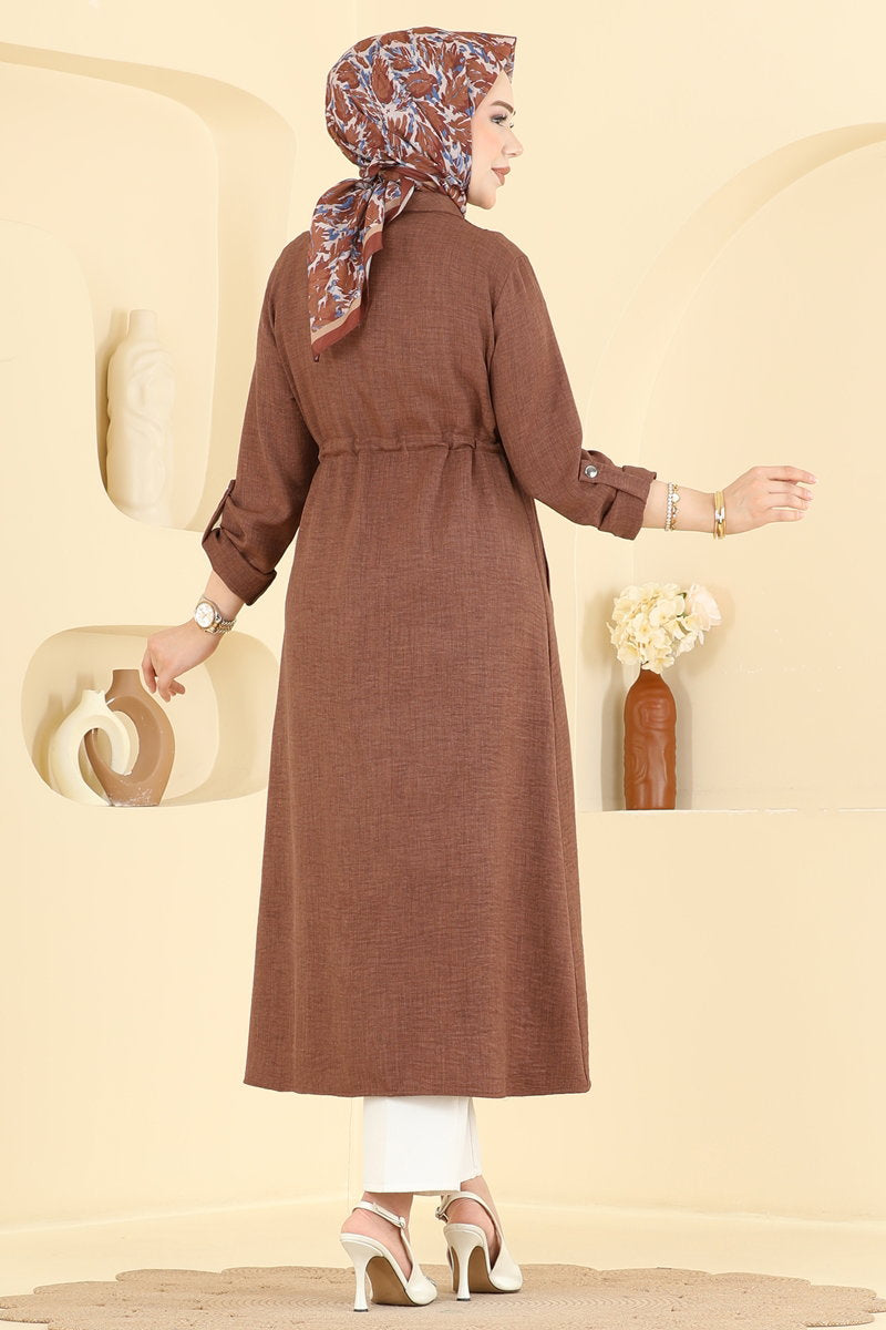 Linen Cape Coat with Tie and Pockets - Brown