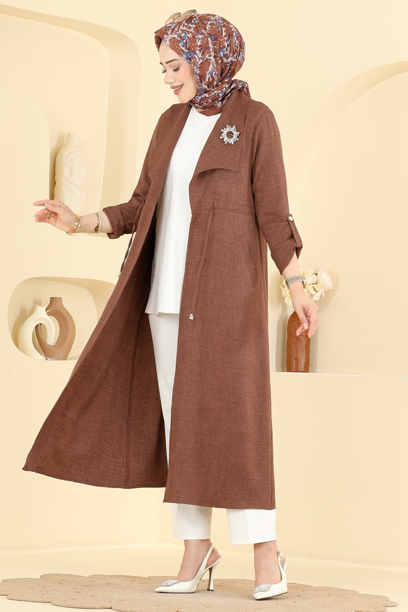 Linen Cape Coat with Tie and Pockets - Brown