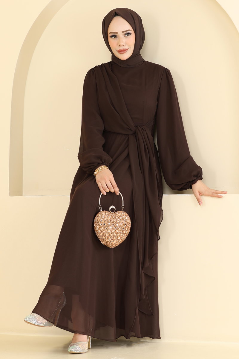 Chiffon Evening Dress with Tie Detail - Light Brown