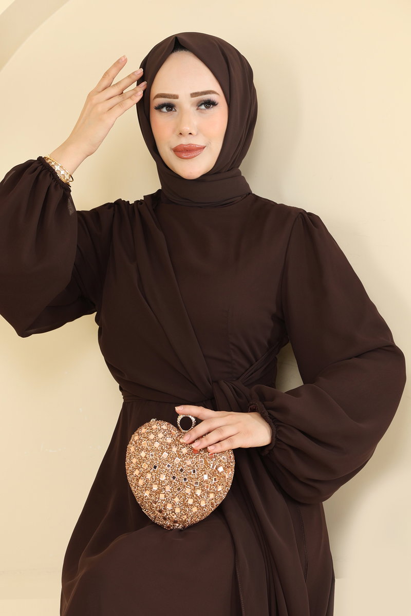 Chiffon Evening Dress with Tie Detail - Light Brown