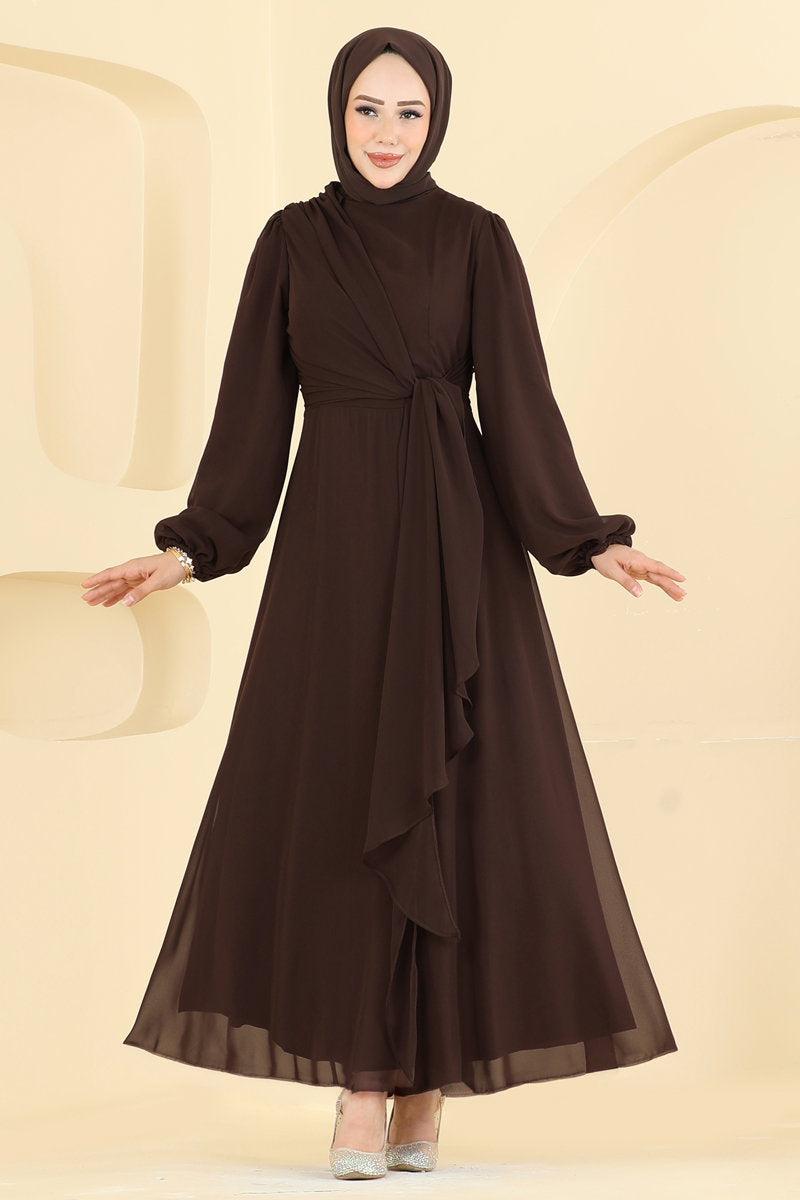 Chiffon Evening Dress with Tie Detail - Light Brown