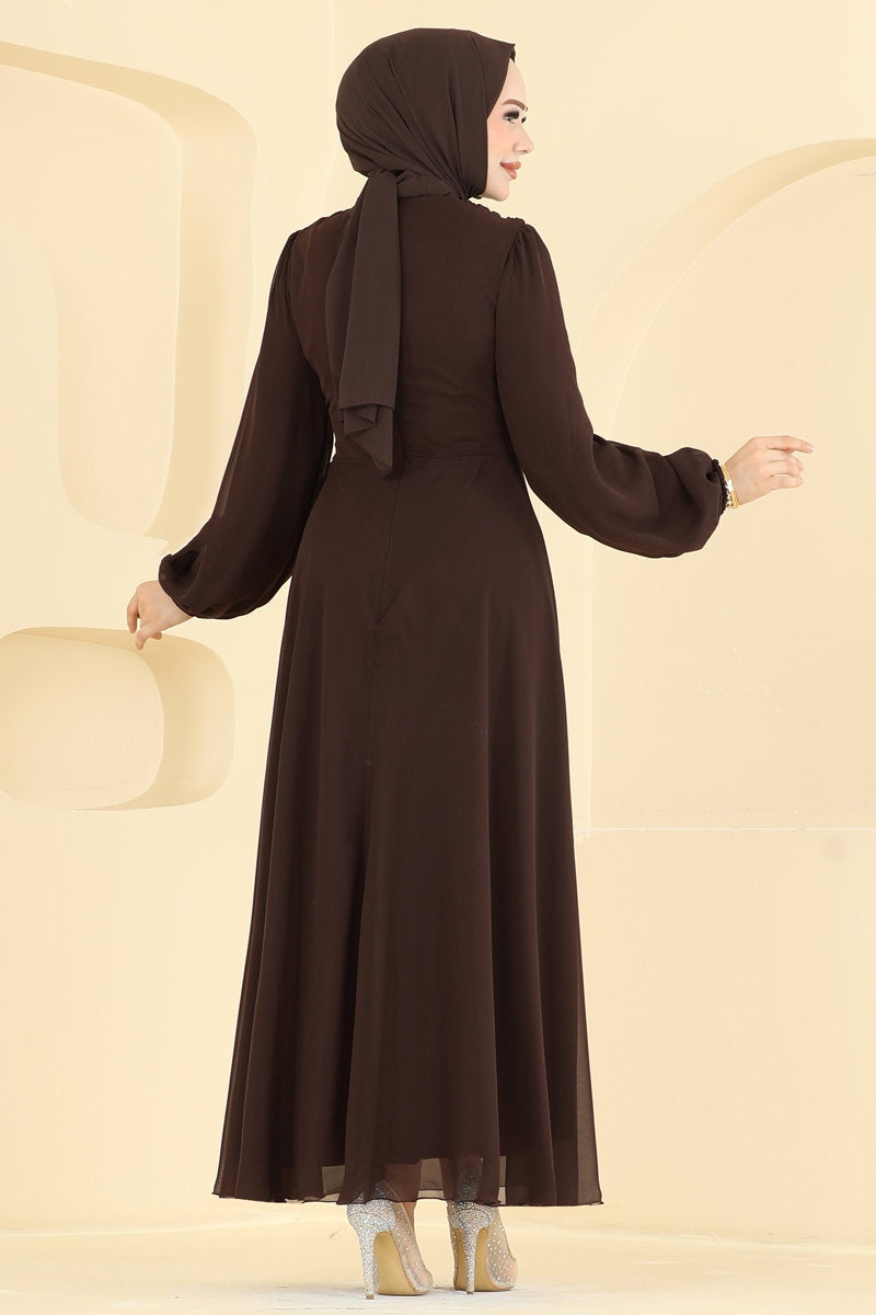 Chiffon Evening Dress with Tie Detail - Light Brown